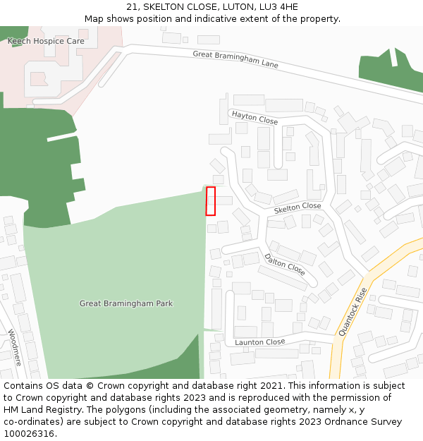 21, SKELTON CLOSE, LUTON, LU3 4HE: Location map and indicative extent of plot