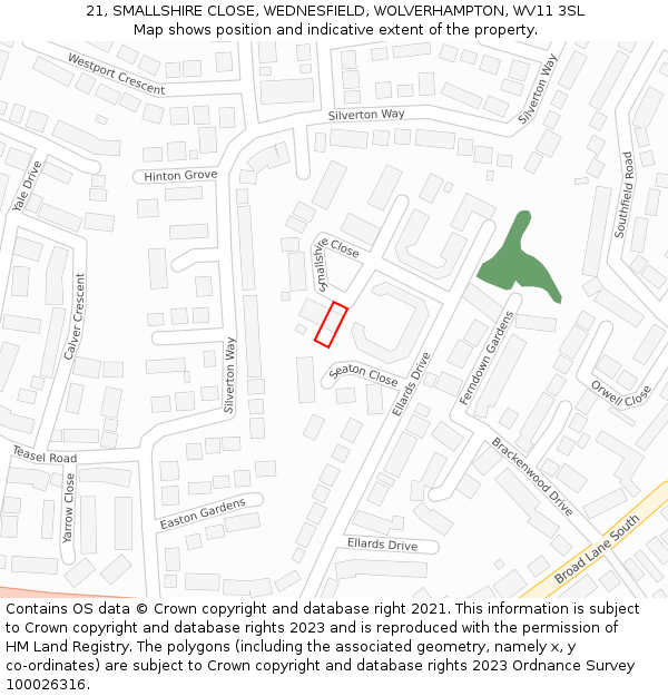 21, SMALLSHIRE CLOSE, WEDNESFIELD, WOLVERHAMPTON, WV11 3SL: Location map and indicative extent of plot