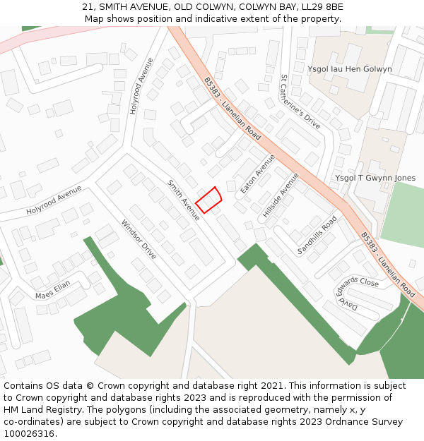 21, SMITH AVENUE, OLD COLWYN, COLWYN BAY, LL29 8BE: Location map and indicative extent of plot