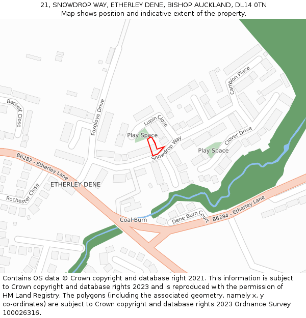 21, SNOWDROP WAY, ETHERLEY DENE, BISHOP AUCKLAND, DL14 0TN: Location map and indicative extent of plot