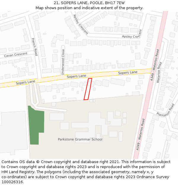 21, SOPERS LANE, POOLE, BH17 7EW: Location map and indicative extent of plot