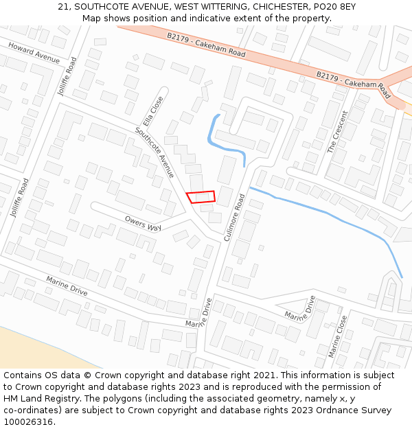 21, SOUTHCOTE AVENUE, WEST WITTERING, CHICHESTER, PO20 8EY: Location map and indicative extent of plot