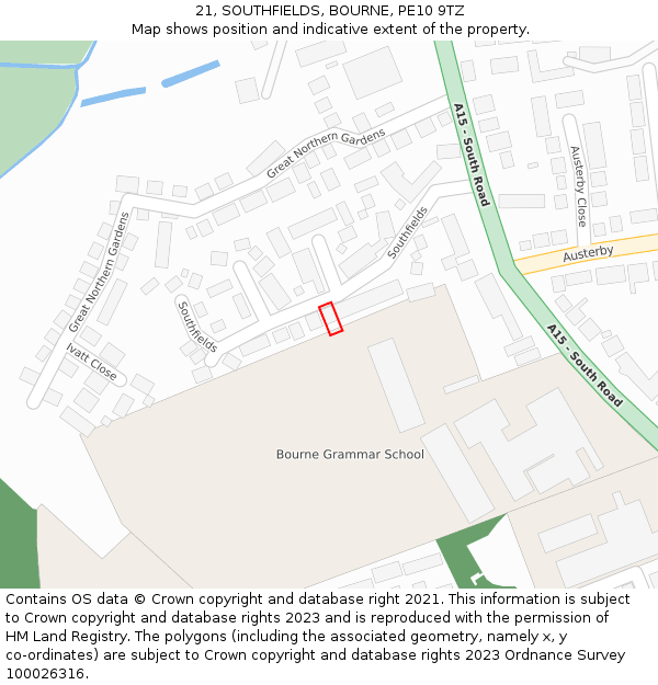 21, SOUTHFIELDS, BOURNE, PE10 9TZ: Location map and indicative extent of plot