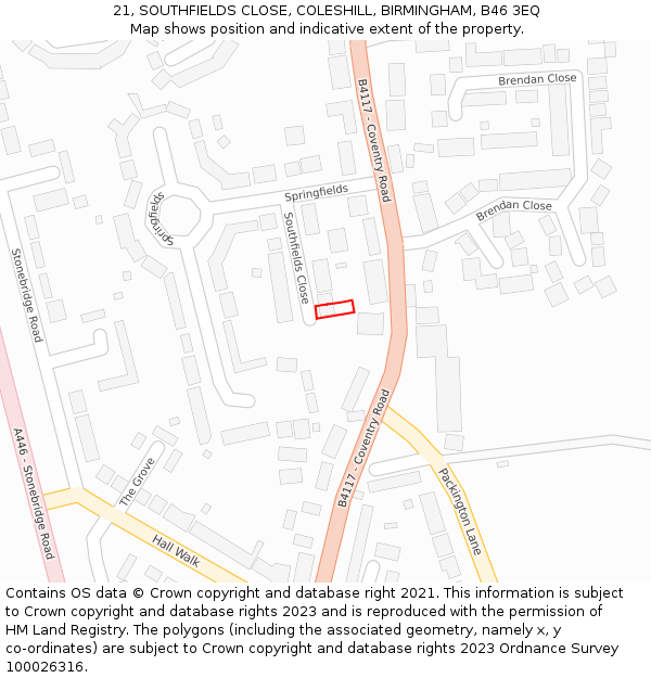 21, SOUTHFIELDS CLOSE, COLESHILL, BIRMINGHAM, B46 3EQ: Location map and indicative extent of plot