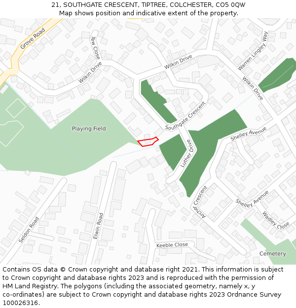 21, SOUTHGATE CRESCENT, TIPTREE, COLCHESTER, CO5 0QW: Location map and indicative extent of plot