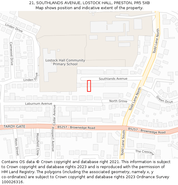 21, SOUTHLANDS AVENUE, LOSTOCK HALL, PRESTON, PR5 5XB: Location map and indicative extent of plot