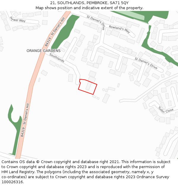 21, SOUTHLANDS, PEMBROKE, SA71 5QY: Location map and indicative extent of plot