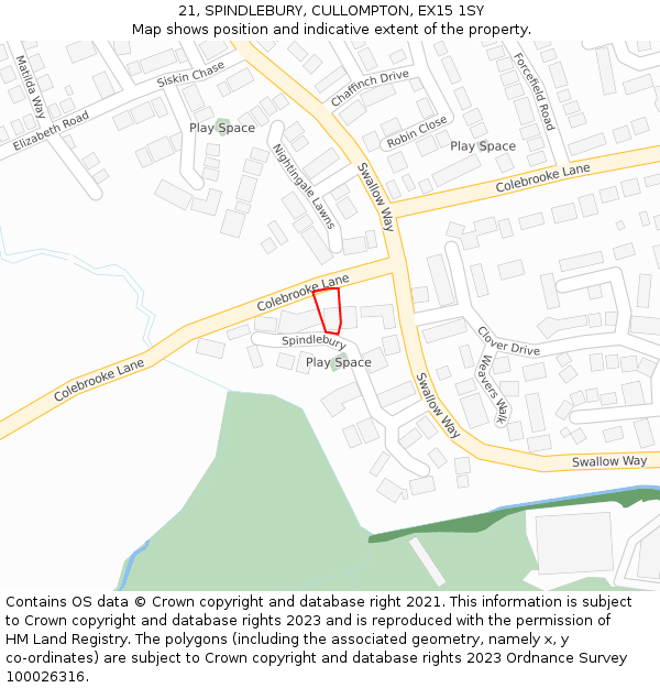 21, SPINDLEBURY, CULLOMPTON, EX15 1SY: Location map and indicative extent of plot