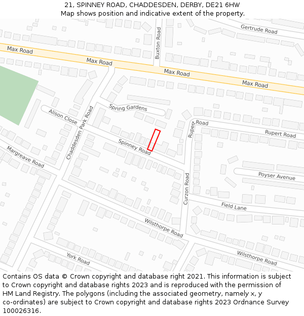 21, SPINNEY ROAD, CHADDESDEN, DERBY, DE21 6HW: Location map and indicative extent of plot