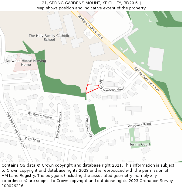 21, SPRING GARDENS MOUNT, KEIGHLEY, BD20 6LJ: Location map and indicative extent of plot