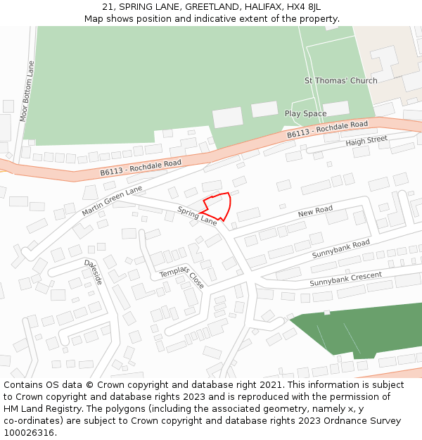 21, SPRING LANE, GREETLAND, HALIFAX, HX4 8JL: Location map and indicative extent of plot