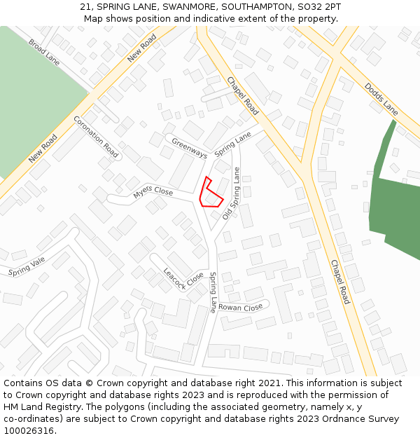 21, SPRING LANE, SWANMORE, SOUTHAMPTON, SO32 2PT: Location map and indicative extent of plot