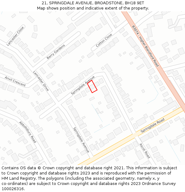 21, SPRINGDALE AVENUE, BROADSTONE, BH18 9ET: Location map and indicative extent of plot