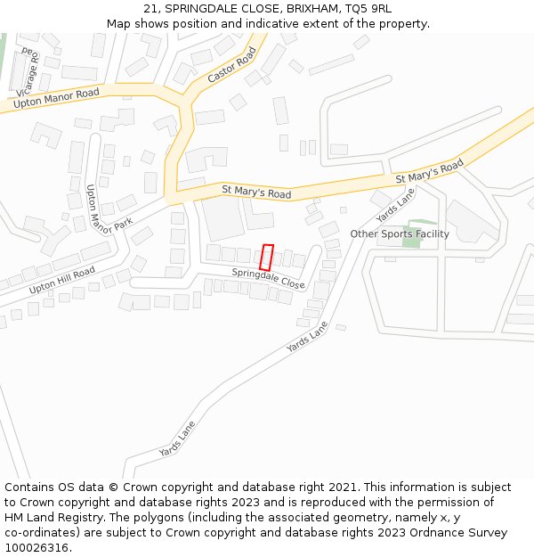 21, SPRINGDALE CLOSE, BRIXHAM, TQ5 9RL: Location map and indicative extent of plot