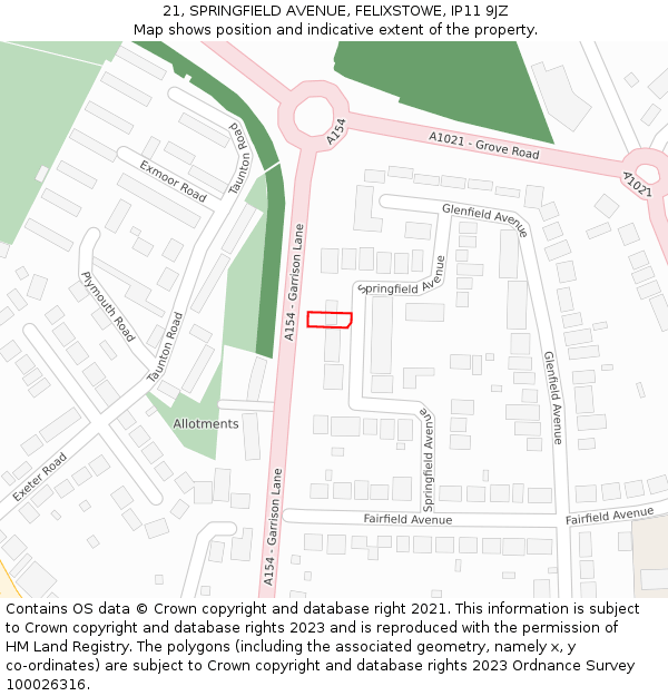 21, SPRINGFIELD AVENUE, FELIXSTOWE, IP11 9JZ: Location map and indicative extent of plot