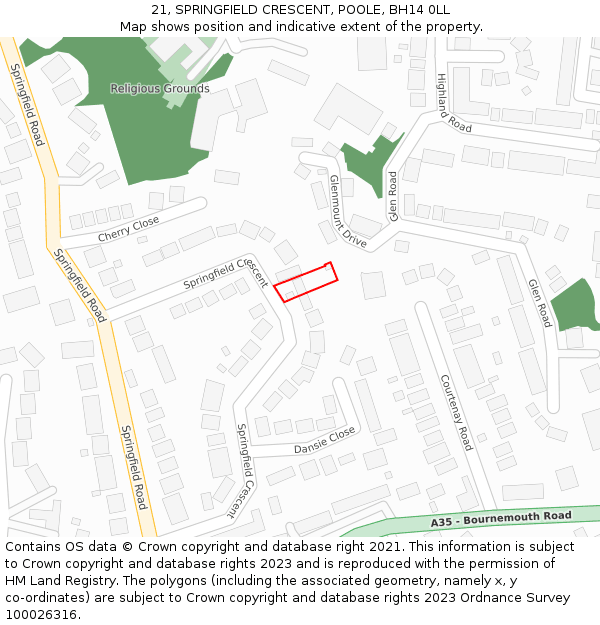 21, SPRINGFIELD CRESCENT, POOLE, BH14 0LL: Location map and indicative extent of plot