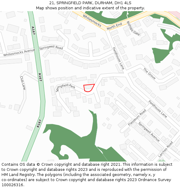 21, SPRINGFIELD PARK, DURHAM, DH1 4LS: Location map and indicative extent of plot