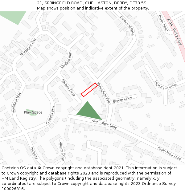 21, SPRINGFIELD ROAD, CHELLASTON, DERBY, DE73 5SL: Location map and indicative extent of plot