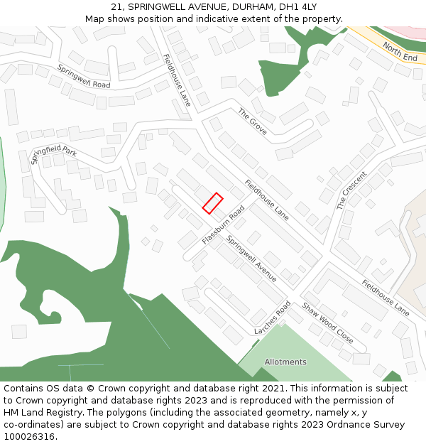 21, SPRINGWELL AVENUE, DURHAM, DH1 4LY: Location map and indicative extent of plot