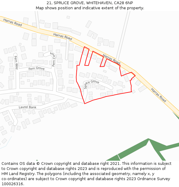 21, SPRUCE GROVE, WHITEHAVEN, CA28 6NP: Location map and indicative extent of plot