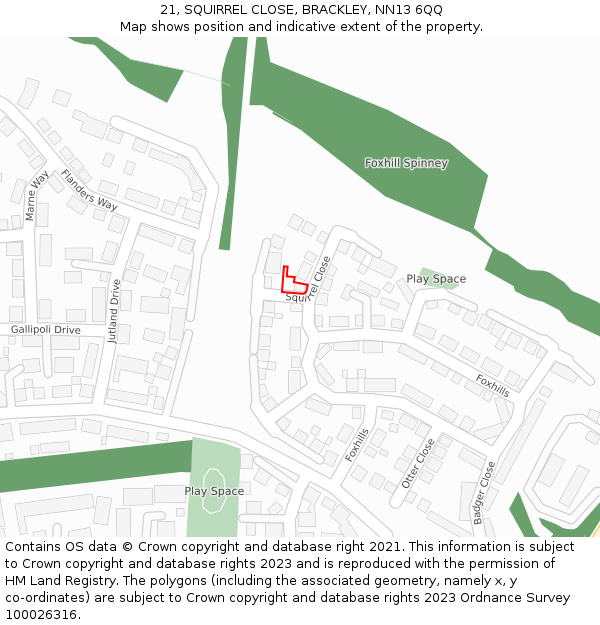 21, SQUIRREL CLOSE, BRACKLEY, NN13 6QQ: Location map and indicative extent of plot