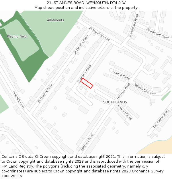 21, ST ANNES ROAD, WEYMOUTH, DT4 9LW: Location map and indicative extent of plot