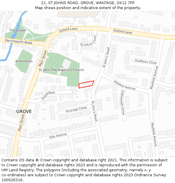 21, ST JOHNS ROAD, GROVE, WANTAGE, OX12 7PP: Location map and indicative extent of plot
