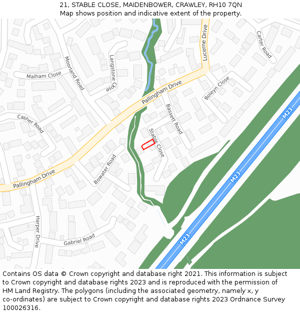 21, STABLE CLOSE, MAIDENBOWER, CRAWLEY, RH10 7QN: Location map and indicative extent of plot