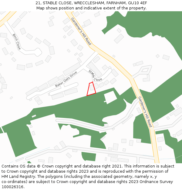 21, STABLE CLOSE, WRECCLESHAM, FARNHAM, GU10 4EF: Location map and indicative extent of plot