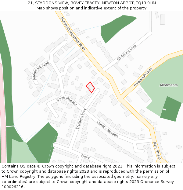 21, STADDONS VIEW, BOVEY TRACEY, NEWTON ABBOT, TQ13 9HN: Location map and indicative extent of plot
