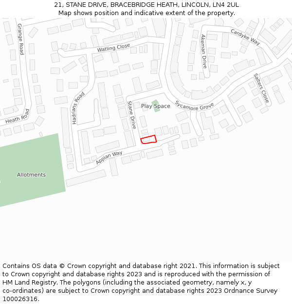 21, STANE DRIVE, BRACEBRIDGE HEATH, LINCOLN, LN4 2UL: Location map and indicative extent of plot