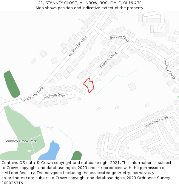 21, STANNEY CLOSE, MILNROW, ROCHDALE, OL16 4BF: Location map and indicative extent of plot