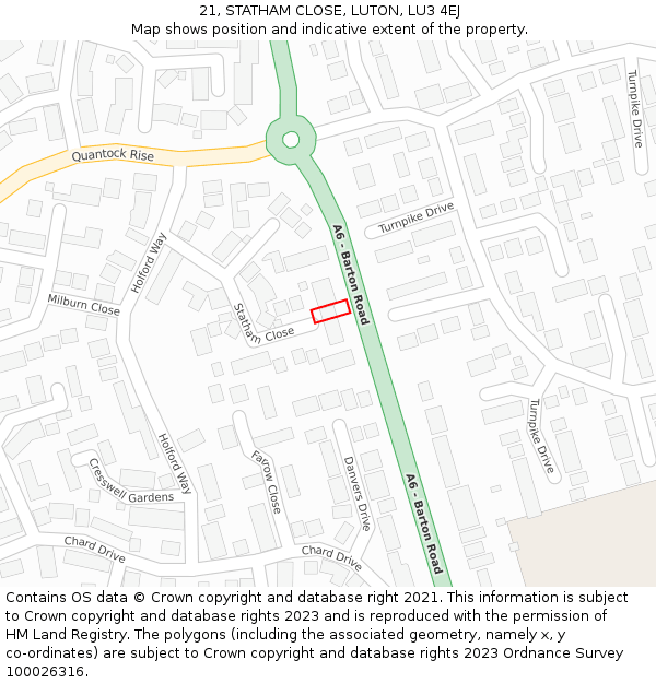 21, STATHAM CLOSE, LUTON, LU3 4EJ: Location map and indicative extent of plot