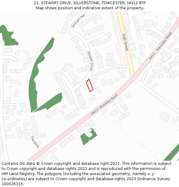 21, STEWART DRIVE, SILVERSTONE, TOWCESTER, NN12 8TP: Location map and indicative extent of plot