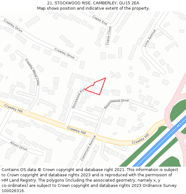 21, STOCKWOOD RISE, CAMBERLEY, GU15 2EA: Location map and indicative extent of plot