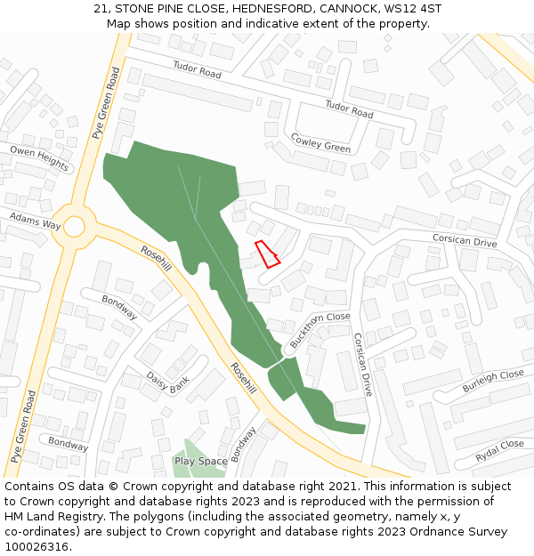 21, STONE PINE CLOSE, HEDNESFORD, CANNOCK, WS12 4ST: Location map and indicative extent of plot