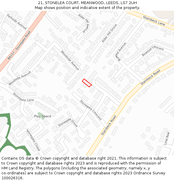 21, STONELEA COURT, MEANWOOD, LEEDS, LS7 2UH: Location map and indicative extent of plot