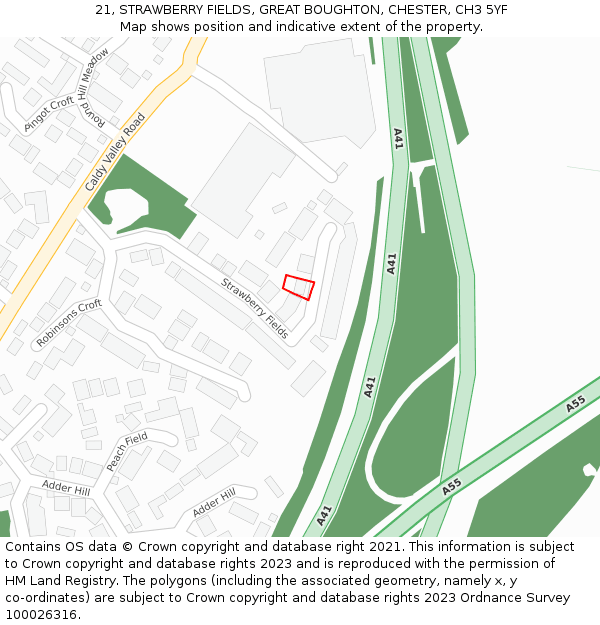 21, STRAWBERRY FIELDS, GREAT BOUGHTON, CHESTER, CH3 5YF: Location map and indicative extent of plot