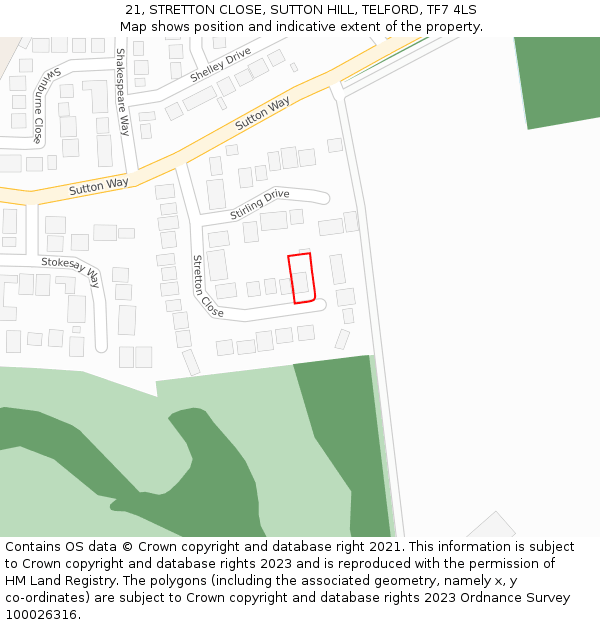 21, STRETTON CLOSE, SUTTON HILL, TELFORD, TF7 4LS: Location map and indicative extent of plot