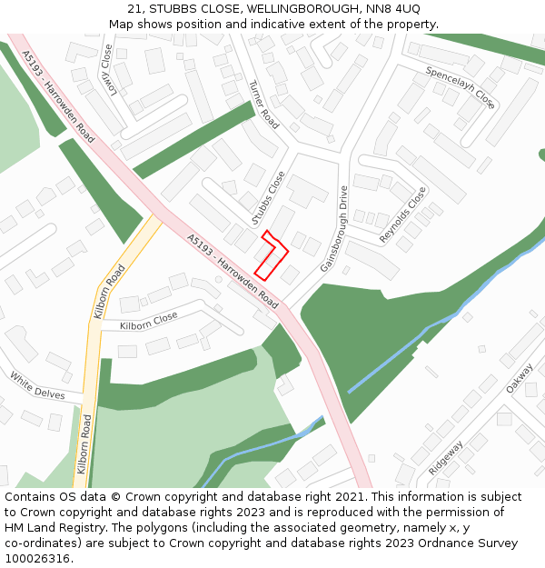 21, STUBBS CLOSE, WELLINGBOROUGH, NN8 4UQ: Location map and indicative extent of plot