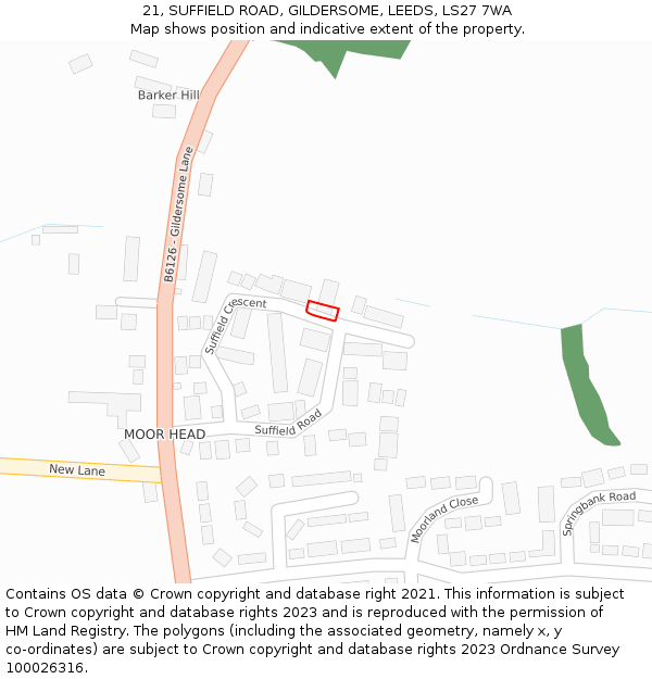 21, SUFFIELD ROAD, GILDERSOME, LEEDS, LS27 7WA: Location map and indicative extent of plot