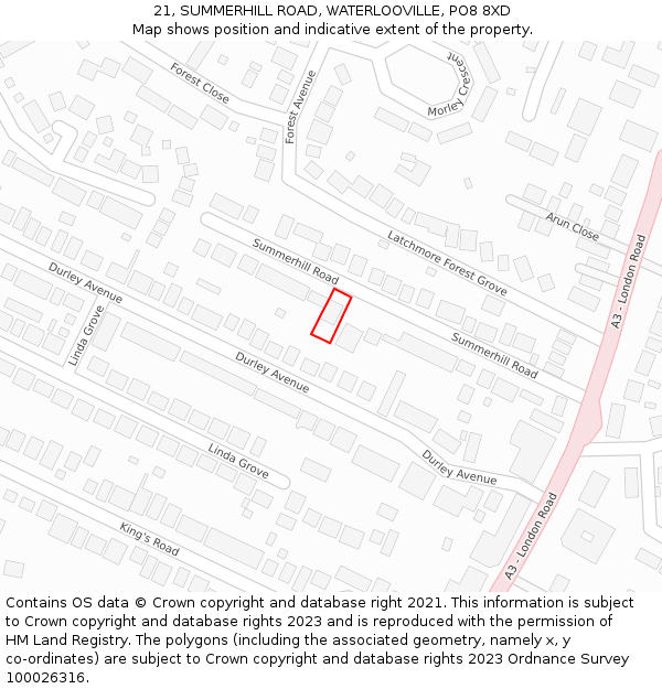 21, SUMMERHILL ROAD, WATERLOOVILLE, PO8 8XD: Location map and indicative extent of plot