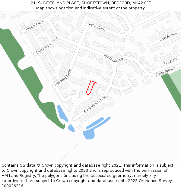 21, SUNDERLAND PLACE, SHORTSTOWN, BEDFORD, MK42 0FE: Location map and indicative extent of plot