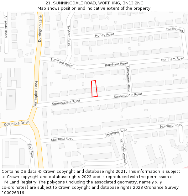 21, SUNNINGDALE ROAD, WORTHING, BN13 2NG: Location map and indicative extent of plot