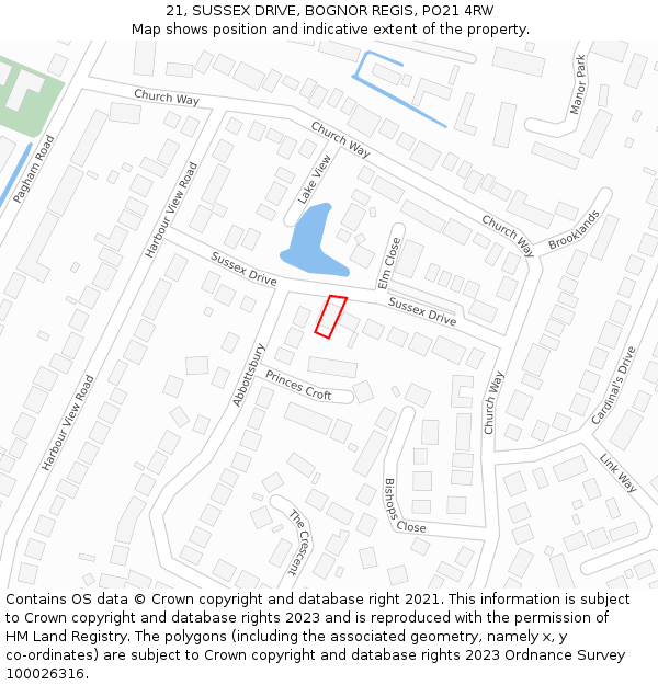 21, SUSSEX DRIVE, BOGNOR REGIS, PO21 4RW: Location map and indicative extent of plot