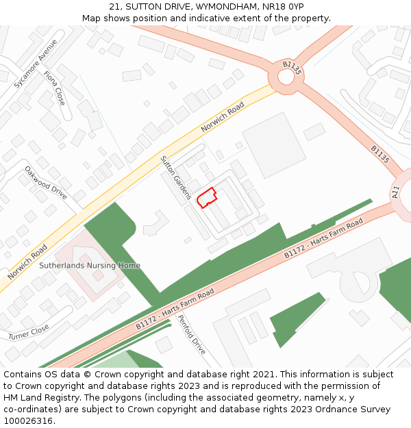 21, SUTTON DRIVE, WYMONDHAM, NR18 0YP: Location map and indicative extent of plot