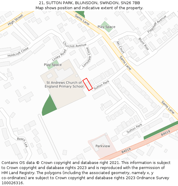 21, SUTTON PARK, BLUNSDON, SWINDON, SN26 7BB: Location map and indicative extent of plot