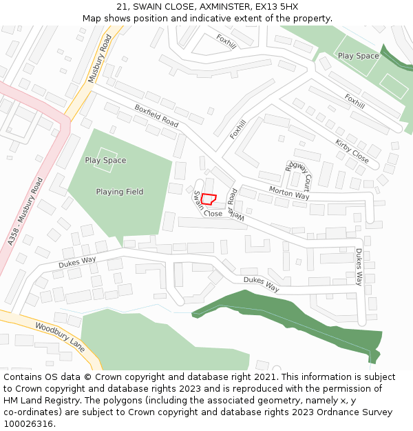 21, SWAIN CLOSE, AXMINSTER, EX13 5HX: Location map and indicative extent of plot