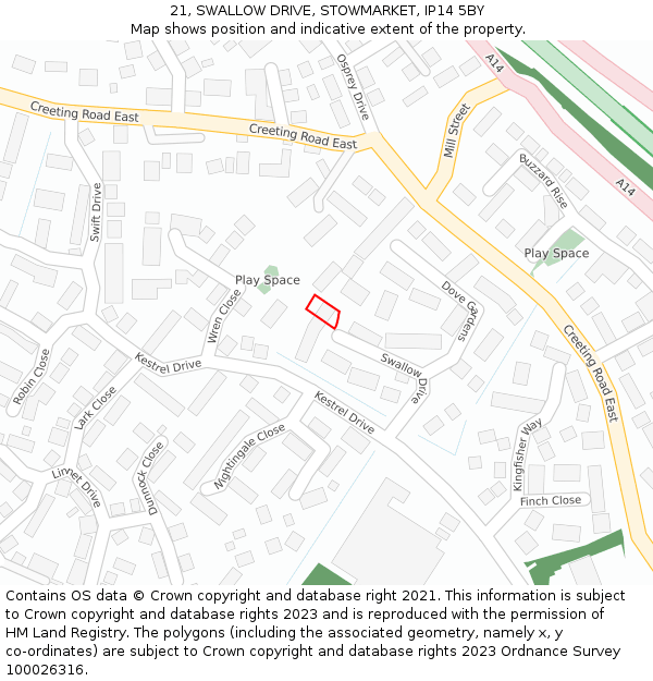 21, SWALLOW DRIVE, STOWMARKET, IP14 5BY: Location map and indicative extent of plot