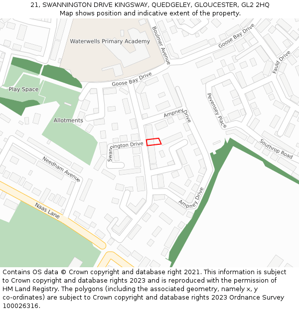 21, SWANNINGTON DRIVE KINGSWAY, QUEDGELEY, GLOUCESTER, GL2 2HQ: Location map and indicative extent of plot
